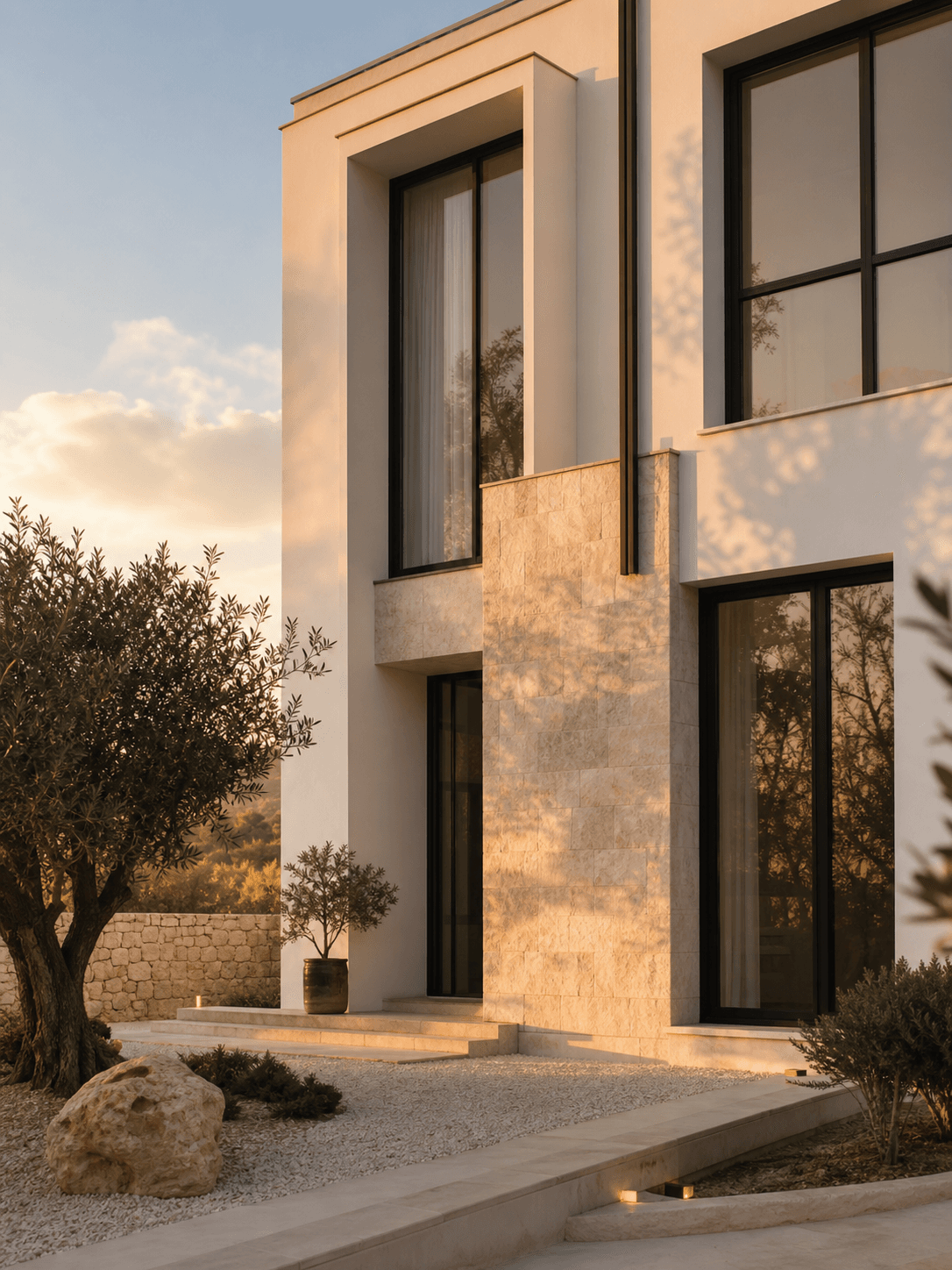 Villa moderna in pietra al tramonto — intervento edilizio seguito dallo Studio Tecnico Acucella